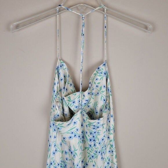Zara S Structured Floral Mini Slip Dress Cowl Neck Strappy Racerback Ivory Blue - Picture 8 of 12